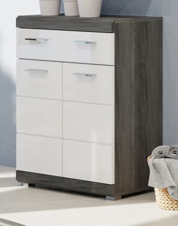 Badezimmer Kommode Shawn in wei� Hochglanz und Rauchsilber grau Badschrank 74 x 88 cm