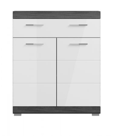 Badezimmer Kommode Shawn in wei� Hochglanz und Rauchsilber grau Badschrank 74 x 88 cm