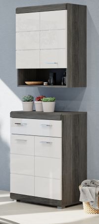 Badezimmer Kommode Shawn in wei� Hochglanz und Rauchsilber grau Badschrank 74 x 88 cm