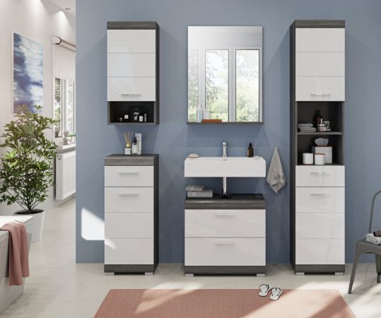 Waschbeckenunterschrank Shawn in wei� Hochglanz und Rauchsilber grau mit Schubladen 60 x 56 cm