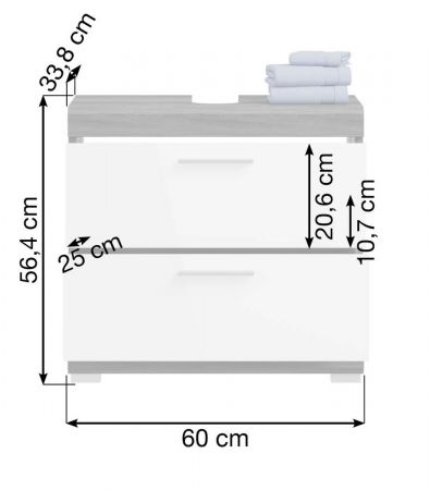 Waschbeckenunterschrank Shawn in wei� Hochglanz und Rauchsilber grau mit Schubladen 60 x 56 cm