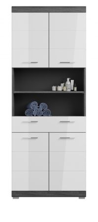 Badezimmer Hochschrank Shawn in wei� Hochglanz und Rauchsilber grau Badschrank 74 x 191 cm