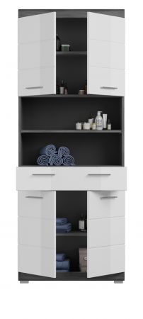 Badezimmer Hochschrank Shawn in wei� Hochglanz und Rauchsilber grau Badschrank 74 x 191 cm