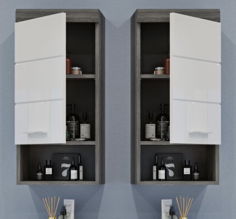 Badezimmer H�ngeschrank Shawn in wei� Hochglanz und Rauchsilber grau Badschrank 37 x 79 cm