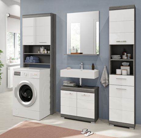 Waschmaschinenschrank Shawn in wei� Hochglanz und Rauchsilber grau Waschmaschinen �berbau 63 x 191 cm
