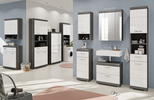 Waschmaschinenschrank Shawn in wei� Hochglanz und Rauchsilber grau Waschmaschinen �berbau 63 x 191 cm