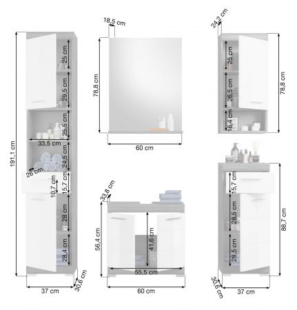 Badm�bel Set 5-teilig Shawn in wei� Hochglanz und Rauchsilber grau Badkombination 164 x 191 cm