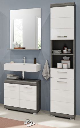 Badm�bel Set 3-teilig Shawn in wei� Hochglanz und Rauchsilber grau Badkombination 112 x 191 cm