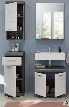Badm�bel Set 4-teilig Shawn in wei� Hochglanz und Rauchsilber grau Badkombination 112 x 191 cm