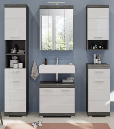 Badm�bel Set 5-teilig Shawn in wei� Hochglanz und Rauchsilber grau Badkombination 164 x 191 cm