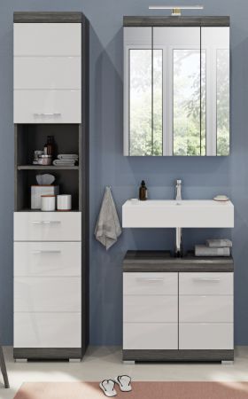 Badm�bel Set 3-teilig Shawn in wei� Hochglanz und Rauchsilber grau Badkombination 112 x 191 cm