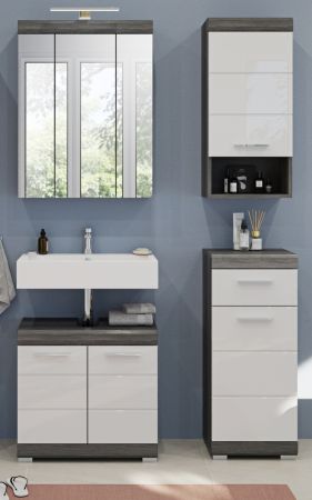 Badm�bel Set 4-teilig Shawn in wei� Hochglanz und Rauchsilber grau Badkombination 112 x 191 cm