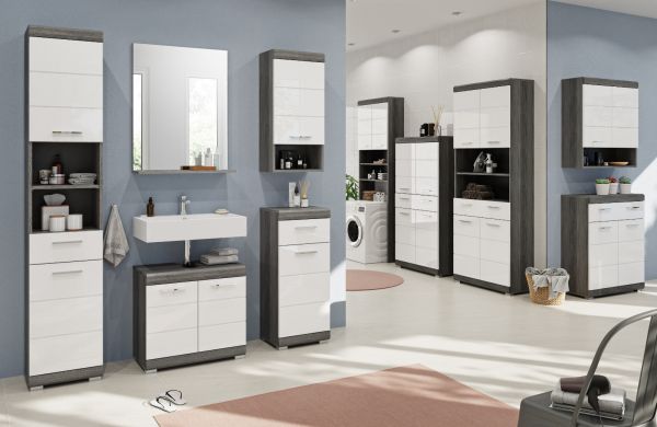 Badm�bel Set 4-teilig Shawn in wei� Hochglanz und Rauchsilber grau Badkombination 112 x 191 cm