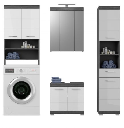Badm�bel Set 4-teilig Shawn mit Waschmaschinenschrank in wei� Hochglanz und Rauchsilber grau 190 x 191 cm
