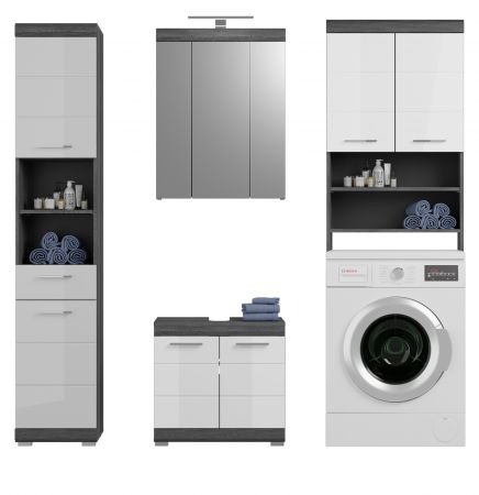 Badm�bel Set 4-teilig Shawn mit Waschmaschinenschrank in wei� Hochglanz und Rauchsilber grau 190 x 191 cm
