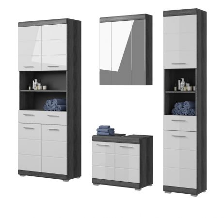 Badm�bel Set 4-teilig Shawn in wei� Hochglanz und Rauchsilber grau Badkombination 186 x 191 cm