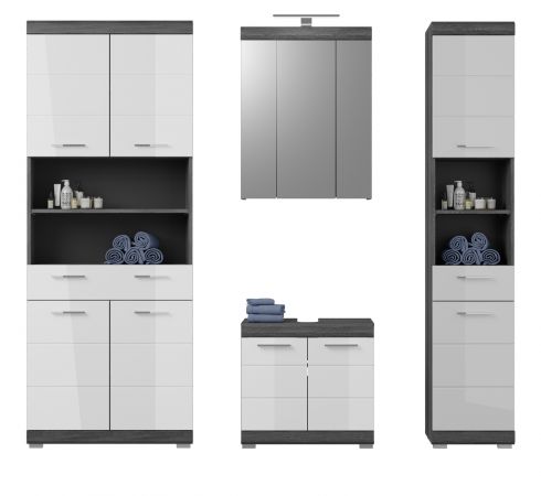 Badm�bel Set 4-teilig Shawn in wei� Hochglanz und Rauchsilber grau Badkombination 186 x 191 cm