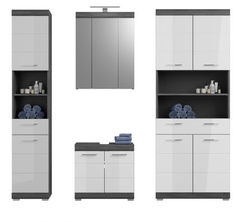 Badm�bel Set 4-teilig Shawn in wei� Hochglanz und Rauchsilber grau Badkombination 186 x 191 cm