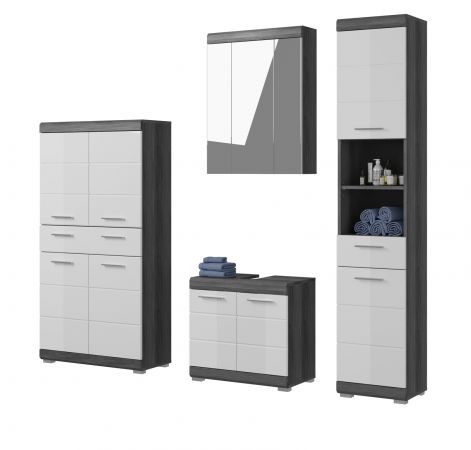 Badm�bel Set 4-teilig Shawn in wei� Hochglanz und Rauchsilber grau Badkombination 186 x 191 cm