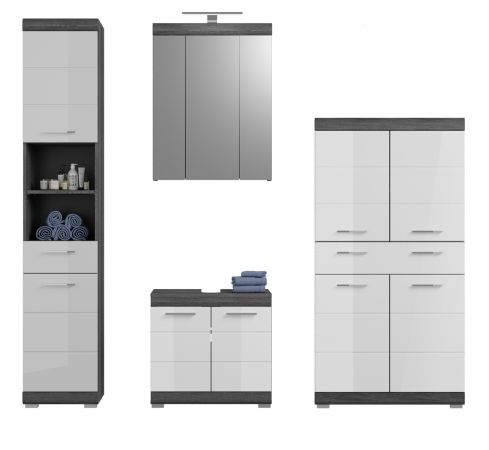 Badm�bel Set 4-teilig Shawn in wei� Hochglanz und Rauchsilber grau Badkombination 186 x 191 cm