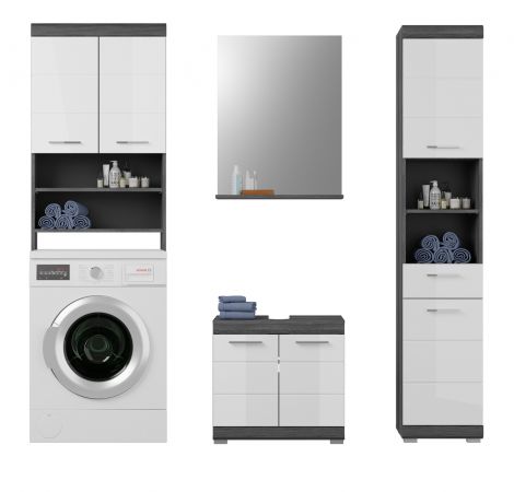 Badm�bel Set 4-teilig Shawn in wei� Hochglanz und Rauchsilber grau Badkombination 190 x 191 cm