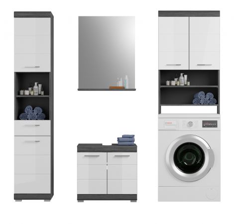 Badm�bel Set 4-teilig Shawn in wei� Hochglanz und Rauchsilber grau Badkombination 190 x 191 cm