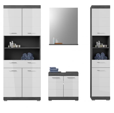 Badm�bel Set 4-teilig Shawn in wei� Hochglanz und Rauchsilber grau Badkombination 186 x 191 cm