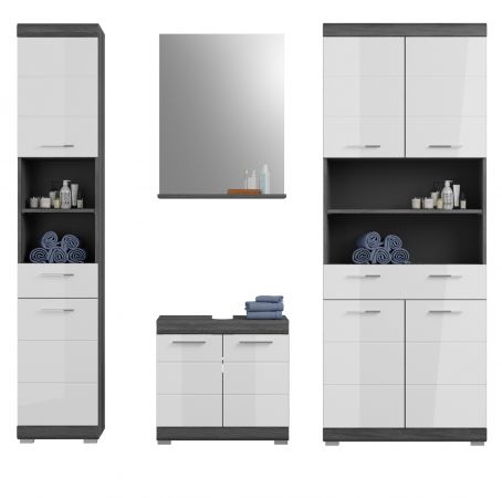 Badm�bel Set 4-teilig Shawn in wei� Hochglanz und Rauchsilber grau Badkombination 186 x 191 cm