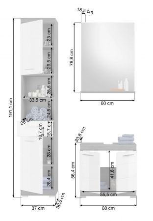 Badm�bel Set 4-teilig Shawn in wei� Hochglanz und Rauchsilber grau Badkombination 186 x 191 cm