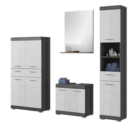 Badm�bel Set 4-teilig Shawn in wei� Hochglanz und Rauchsilber grau Badkombination 186 x 191 cm