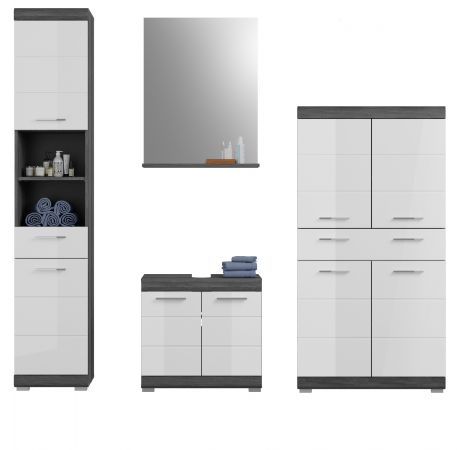 Badm�bel Set 4-teilig Shawn in wei� Hochglanz und Rauchsilber grau Badkombination 186 x 191 cm