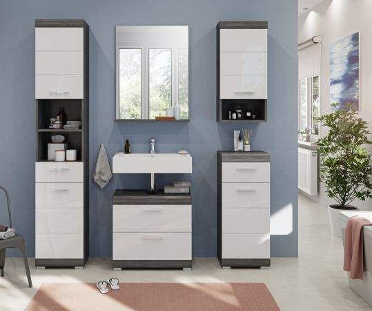 Badm�bel Set 5-teilig Shawn in wei� Hochglanz und Rauchsilber grau Badkombination 164 x 191 cm