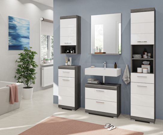 Badm�bel Set 3-teilig Shawn in wei� Hochglanz und Rauchsilber grau Badkombination 112 x 191 cm