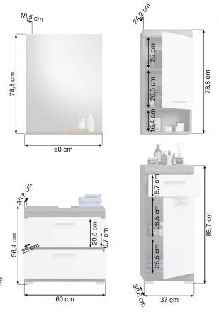 Badm�bel Set 4-teilig Shawn in wei� Hochglanz und Rauchsilber grau Badkombination 112 x 191 cm