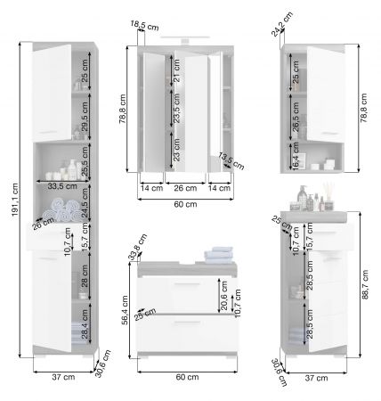 Badm�bel Set 5-teilig Shawn in wei� Hochglanz und Rauchsilber grau Badkombination 164 x 191 cm