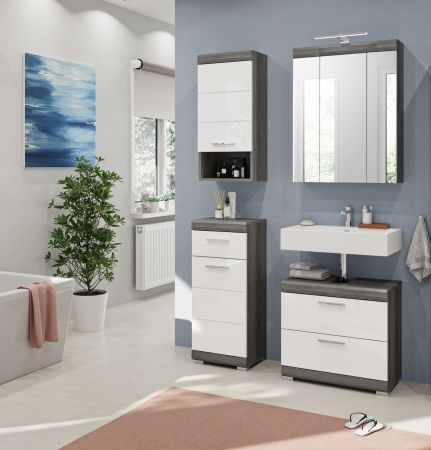 Badm�bel Set 4-teilig Shawn in wei� Hochglanz und Rauchsilber grau Badkombination 112 x 191 cm