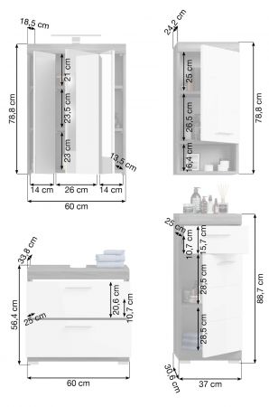 Badm�bel Set 4-teilig Shawn in wei� Hochglanz und Rauchsilber grau Badkombination 112 x 191 cm