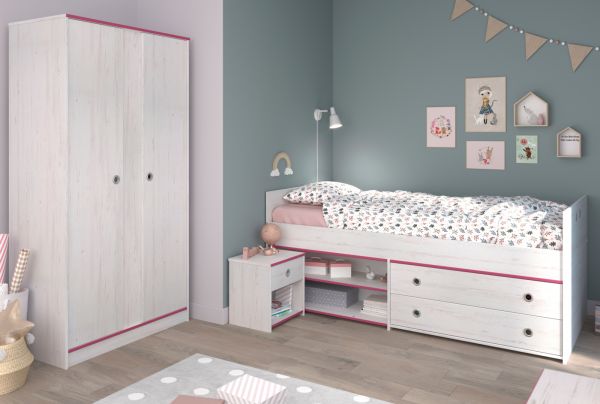 Parisot Kinder- und Jugendzimmer Smoozy22 in wei� Kiefer mit blau oder pink Komplett-Set 3-teilig