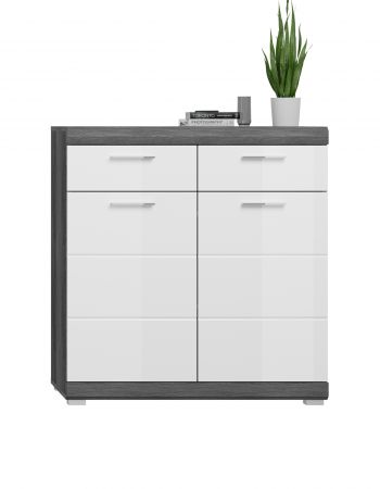 Schuhschrank Shawn in wei� Hochglanz und Rauchsilber grau Flur Kommode 90 x 96 cm