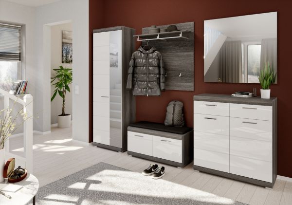 Schuhschrank Shawn in wei� Hochglanz und Rauchsilber grau Flur Kommode 90 x 96 cm