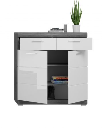 Schuhschrank Shawn in wei� Hochglanz und Rauchsilber grau Flur Kommode 90 x 96 cm