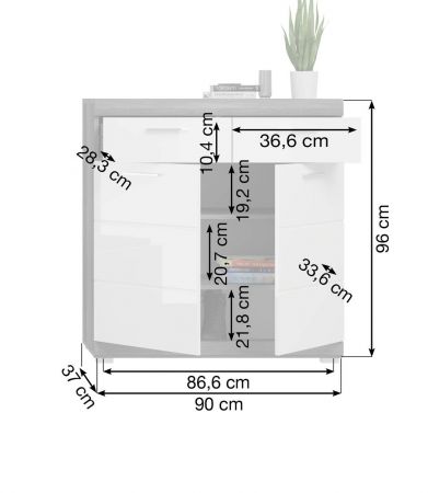 Schuhschrank Shawn in wei� Hochglanz und Rauchsilber grau Flur Kommode 90 x 96 cm