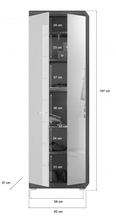Garderobenschrank Shawn in wei� Hochglanz und Rauchsilber grau Garderobe oder gro�er Schuhschrank mit Spiegel 62 x 197 cm