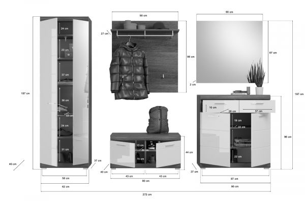 Garderobe Set 5-teilig Shawn in wei� Hochglanz und Rauchsilber grau Garderobenkombination 272 x 197 cm
