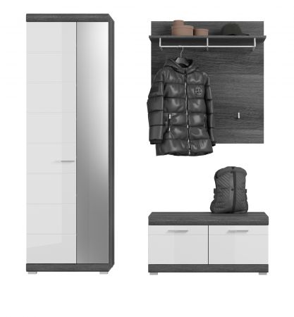 Garderobe Set 3-teilig Shawn in wei� Hochglanz und Rauchsilber grau Garderobenkombination 167 x 197 cm