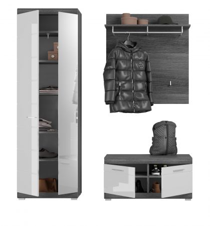 Garderobe Set 3-teilig Shawn in wei� Hochglanz und Rauchsilber grau Garderobenkombination 167 x 197 cm
