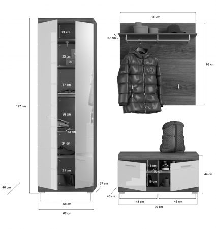 Garderobe Set 3-teilig Shawn in wei� Hochglanz und Rauchsilber grau Garderobenkombination 167 x 197 cm