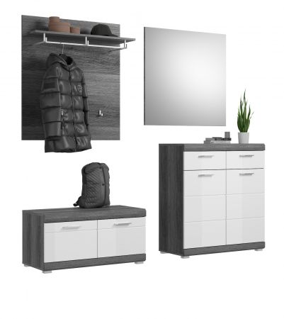 Garderobe Set 4-teilig Shawn in wei� Hochglanz und Rauchsilber grau Garderobenkombination 195 x 197 cm