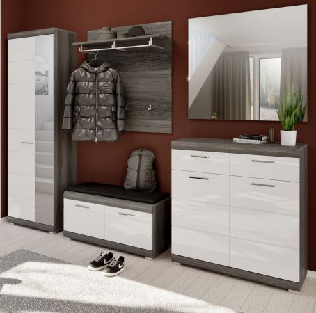 Garderobe Set 4-teilig Shawn in wei� Hochglanz und Rauchsilber grau Garderobenkombination 195 x 197 cm