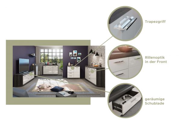 Kommode Shawn in wei� Hochglanz und Rauchsilber grau Sideboard 80 x 85 cm